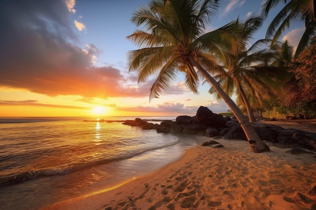 Exotic beach with view of sunset and palm trees in the background created with generative ai