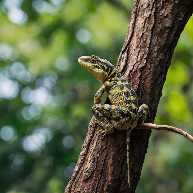 Photo exotic bearded dragon found in the wood with beautiful skin pattern