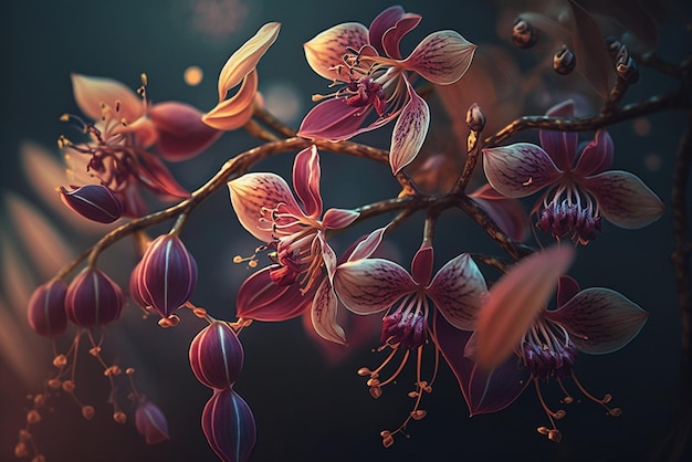 Exotic Beauty of Orchid Tree Crimson Glowing Blossoms on Branch Illuminated by Daylight