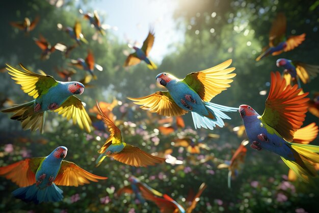 Exotic birds on elegant flights