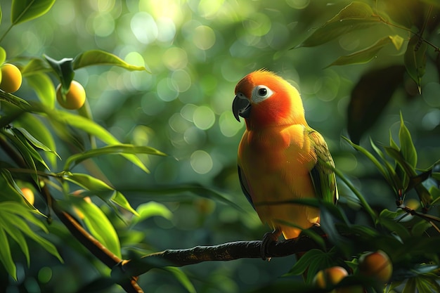 Exotic birds perched on tropical trees with vibrant summer foliage