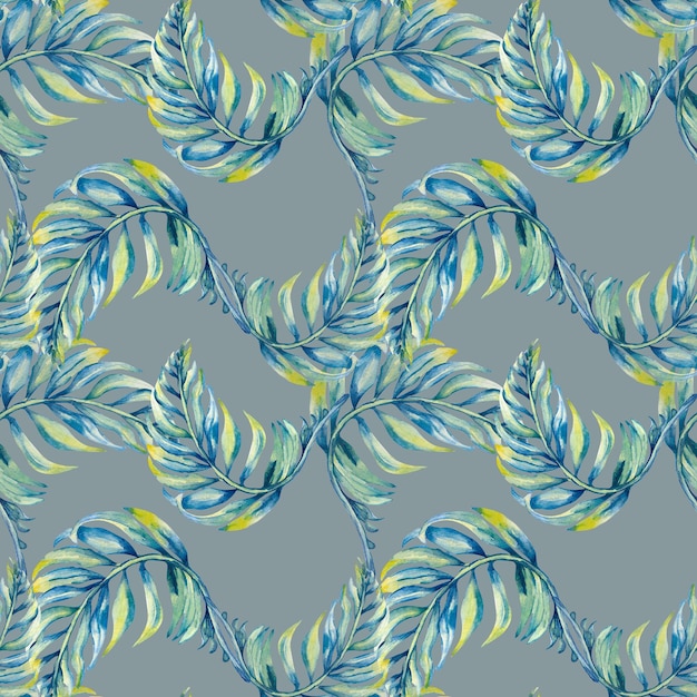 Exotic blue palm leaves seamless pattern watercolor illustration on blue