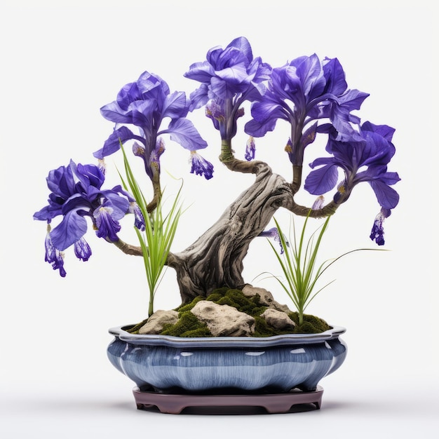 Exotic Bonsai Tree With Irises Classic Still Life Composition In Rural China