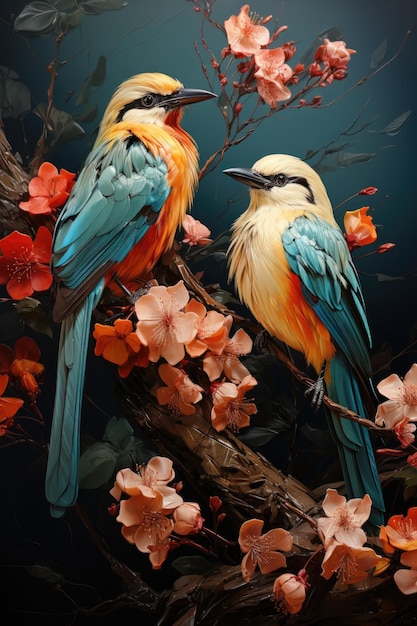 exotic colorful birds in jungle retro background