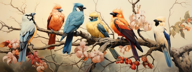 exotic colorful birds in jungle retro background