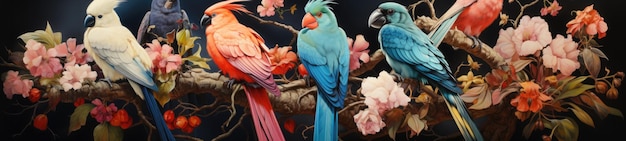 exotic colorful birds in jungle retro background