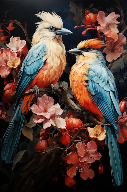 exotic colorful birds in jungle retro background