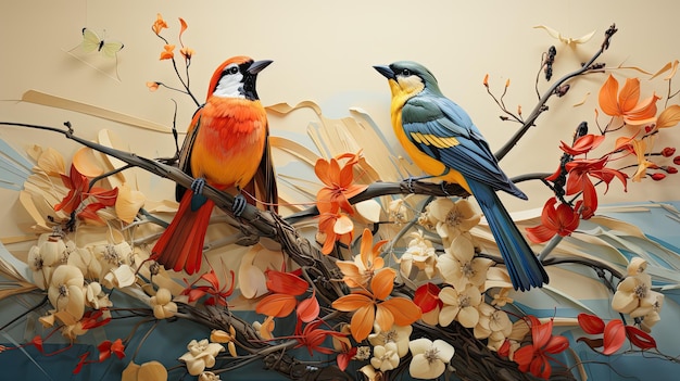 exotic colorful birds in jungle retro background