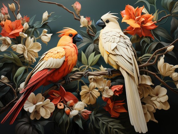 exotic colorful birds in jungle retro background