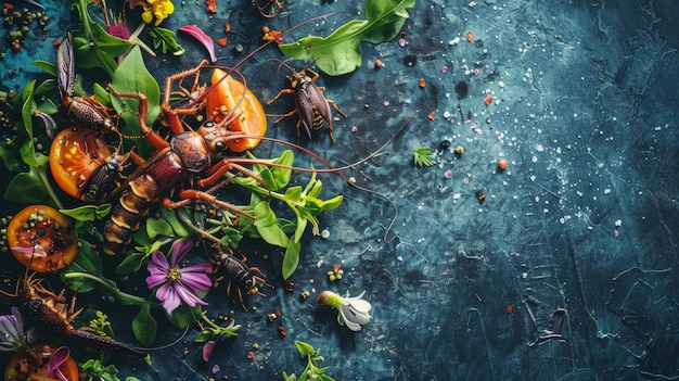 Photo exotic culinary dish with insects and fresh herbs in a restaurant