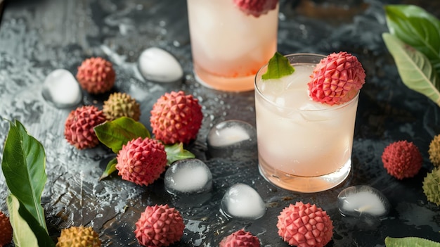 Exotic drinks adorned with lychee fruits nestled among ice and leaves on a dark wet surface