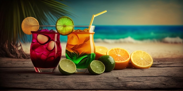 Exotic drinks on Wooden Table In tropical beach