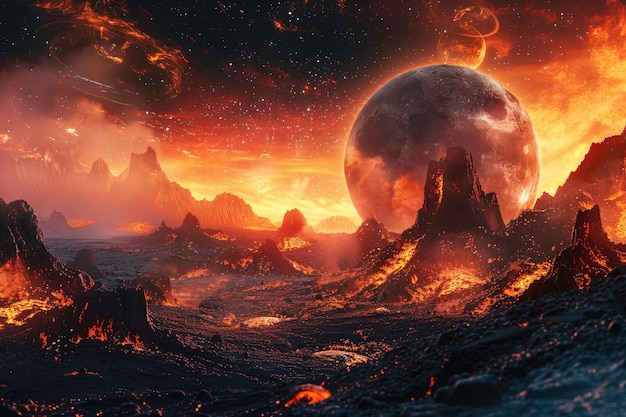 Exotic fantasy alien planet with flaming moon and galaxy background elements from