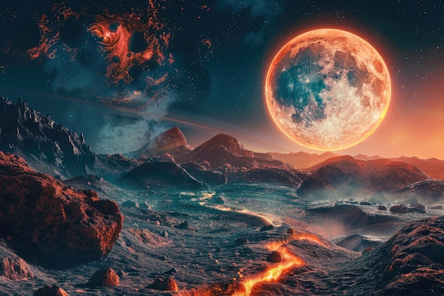 Exotic fantasy alien planet with flaming moon and galaxy background elements from