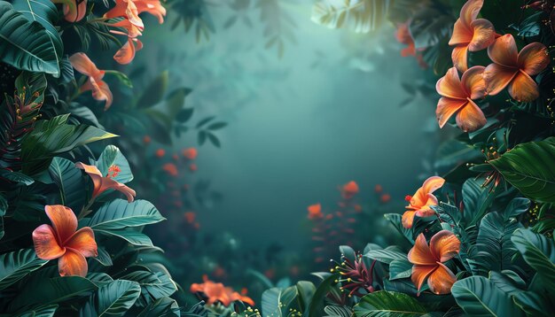 Exotic flowers and plants with neon light frame deep jungle atmosphere