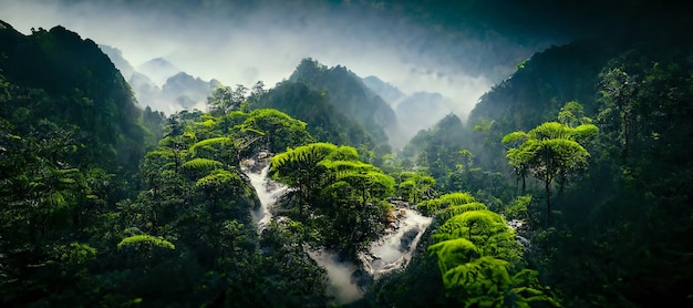 Exotic foggy forest Jungle panorama forest oasis Foggy dark forest Natural forest landscape 3D illustration