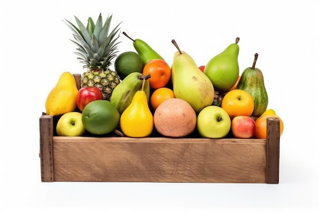 Exotic Fruit Displayed In A Wooden Box On A White Background