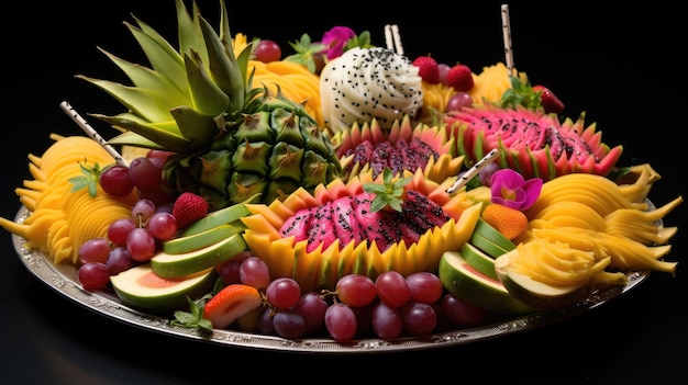 Photo exotic fruit platter with dragon fruit kiwi and mango