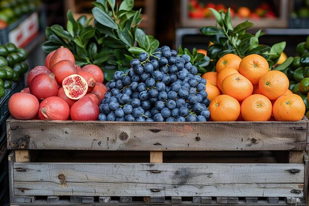 Exotic fruits in wooden crate