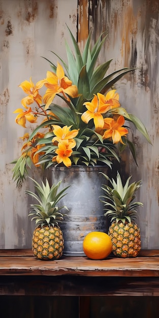 Exotic Industrial Paintings Orange And Pineapple Flowers In A Bucket