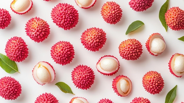 Photo exotic litchis flat lay minimalistic composition of fresh and peeled lychees on white background