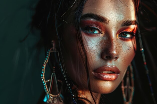 Exotic makeup fashion portrait with dark background and copy space