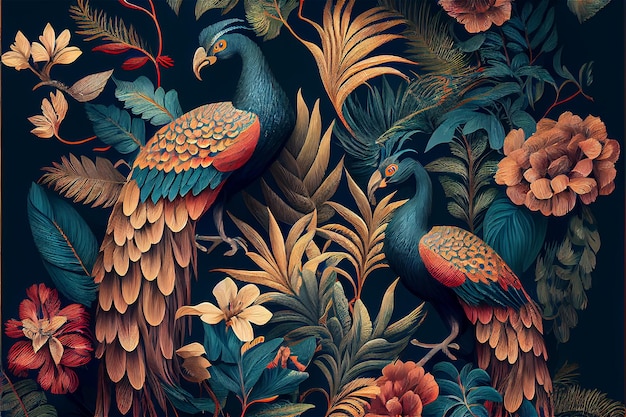 Exotic oriental pattern with peacocks and flowers in bright colors generative AI