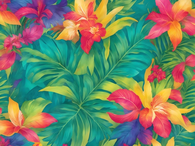 Exotic Palm Leaves and Tropical Flowers Seamless Watercolor Pattern