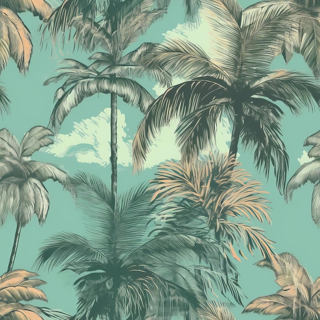 Exotic palm tree drawing on a trendy handdrawn background as a Seamless Pattern AI generation