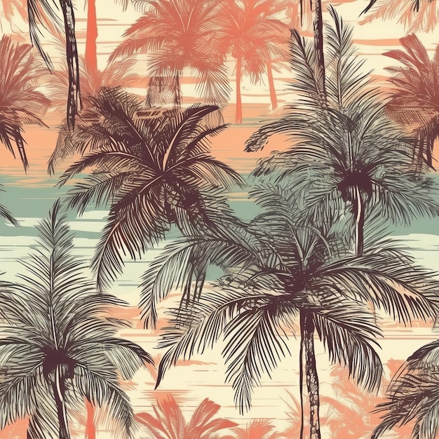 Exotic palm tree drawing on a trendy handdrawn background as a Seamless Pattern AI generation