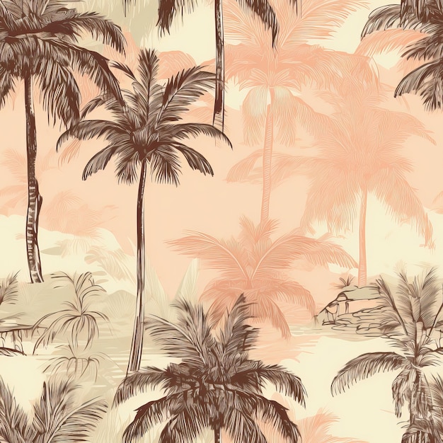 Exotic palm tree drawing on a trendy handdrawn background as a Seamless Pattern AI generation