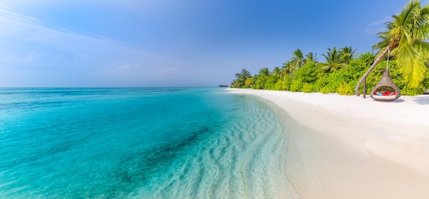 Exotic paradise. Travel, tourism and vacations concept. Palms sand lagoon tropical beach landscape