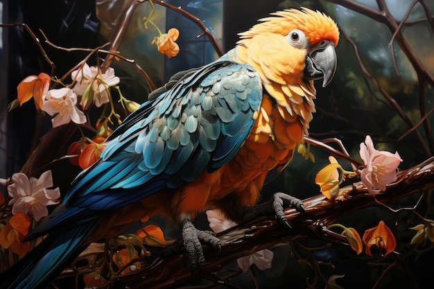 Exotic parrot between vibrant flowers in the jungle generative IA