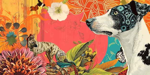 Exotic plant flower and dog Art collage Jungle wildlife banner