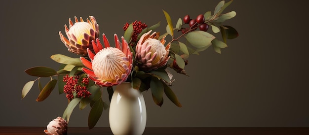 Exotic protea blooms in elegant white vase