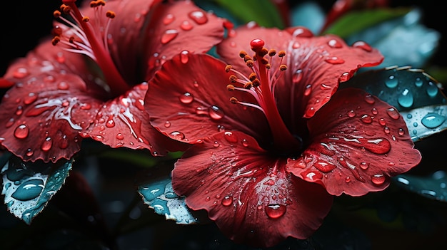 Exotic red flower closeup with water drops