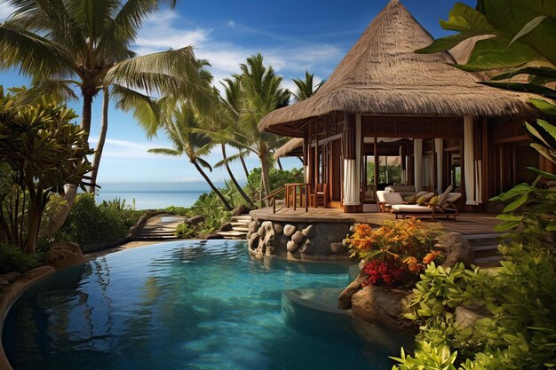 Exotic resort scene with palm trees offering a luxurious ocean retreat