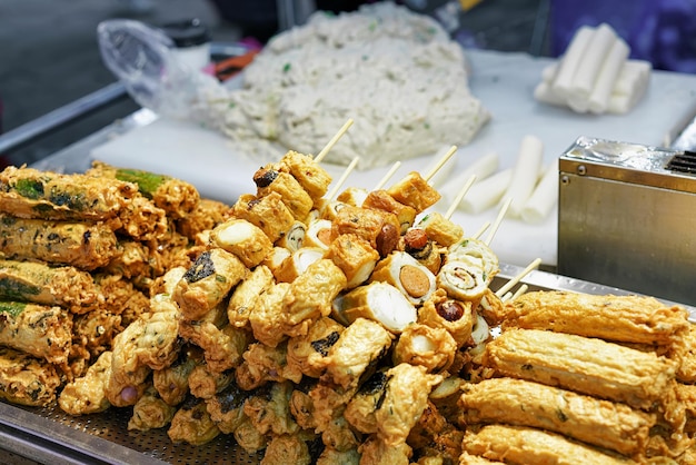 Exotic rolls with sausage at Myeongdong street market in Seoul, South Korea