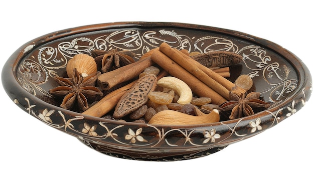 Exotic spices mix in an ornate bowl on white background