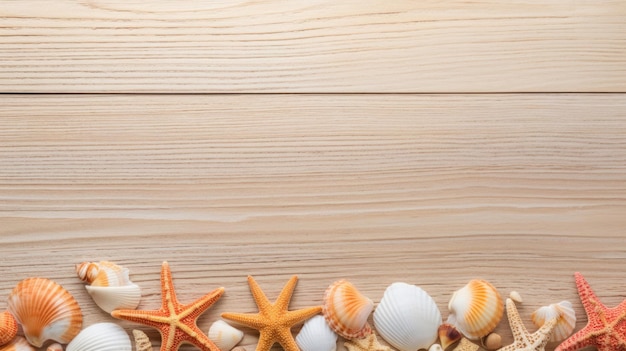 Exotic starfish and seashells on a wooden background Summer sea holiday Flat lay top view copy space