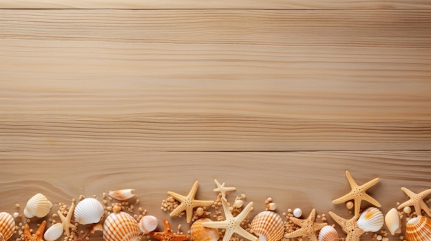 Exotic starfish and seashells on a wooden background Summer sea holiday Flat lay top view copy space