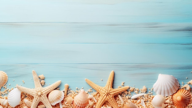 Exotic starfish and seashells on a wooden background Summer sea holiday Flat lay top view copy space