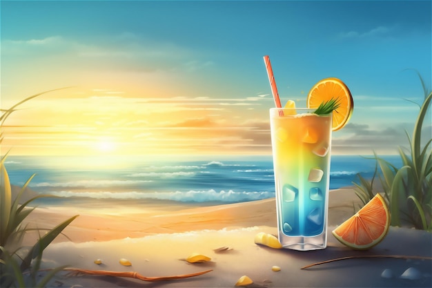 Exotic summer drink with a blurred sandy beach background feeling of a tropical paradise