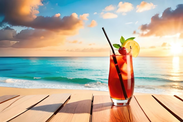 Exotic summer drinks blur sandy beach on background