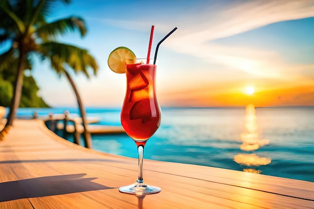 Exotic summer drinks blur sandy beach on background