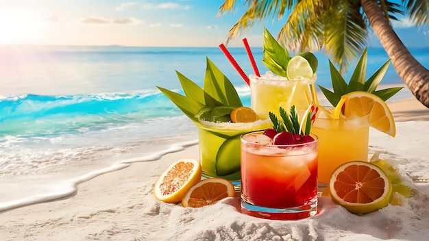 Exotic summer drinks on white sand