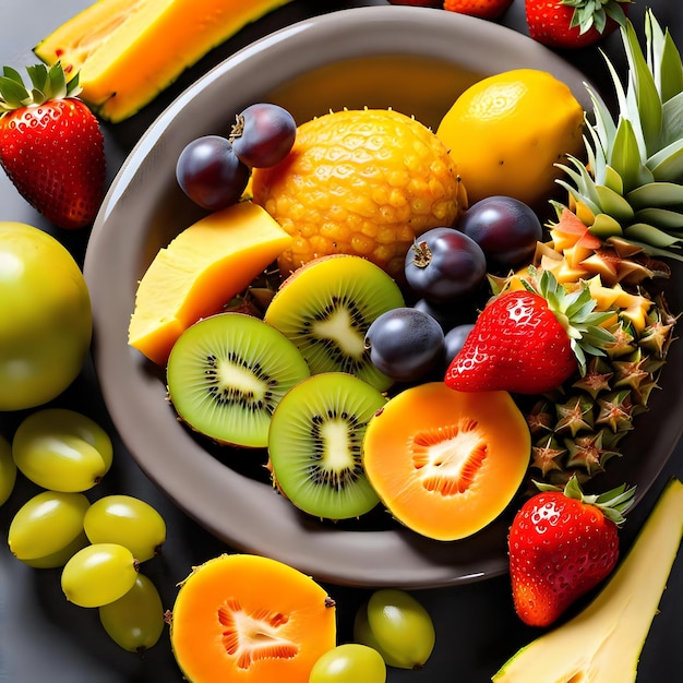 Exotic and Tantalizing Tropical Fruit Salad in Neutral Gray Bowl Pineapple Papaya Kiwi Grapes Strawberries