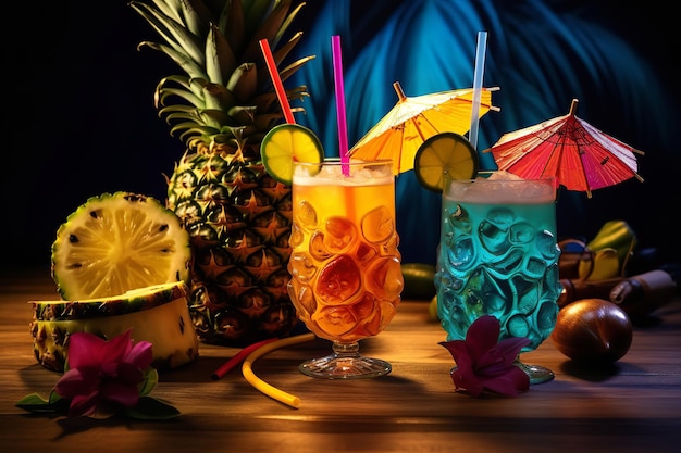 Exotic Tiki Cocktails with Umbrella and Pineapple