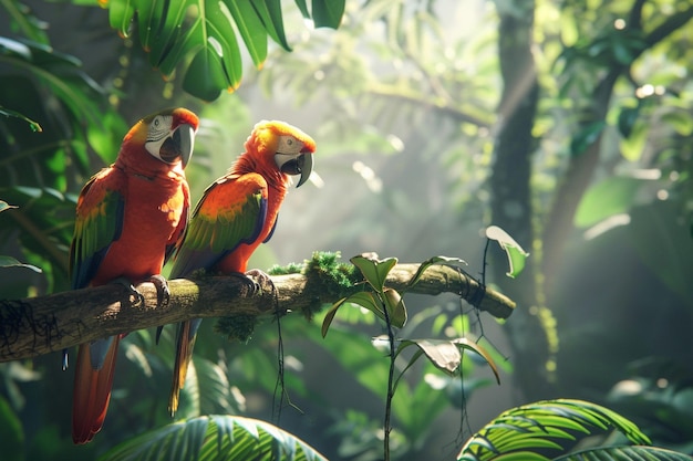 Exotic tropical birds in a lush rainforest