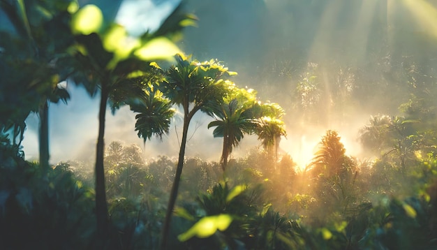 Exotic tropical palm forest at sunset sun rays through leaves shadows Tropical forest exotic forest background green oasis 3D illustration